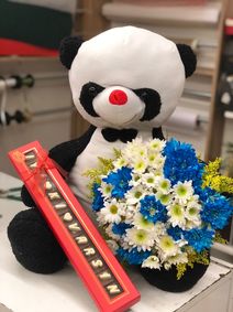 70 cm Panda+Renkli Papatya+Mesajlı Çikolata
